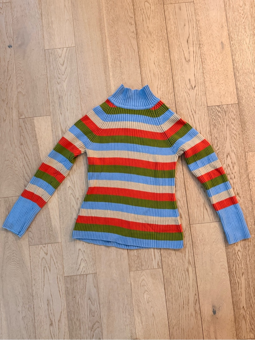 Ribbed Striped Turtleneck Sweater in Light Blue, Red, Green, Cream